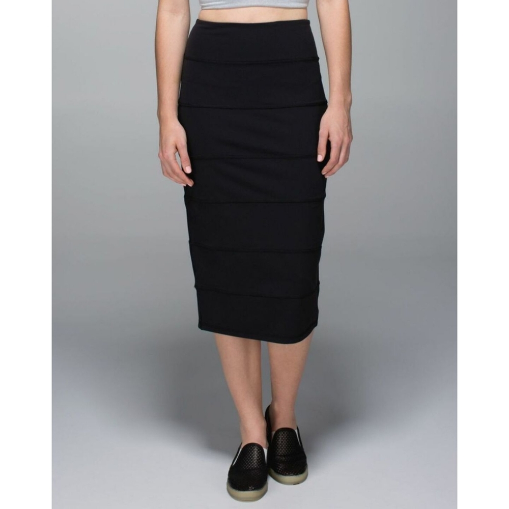 Lululemon Over Yoga Pencil Midi Skirt High Waisted Black Stretch Hidden Pocket